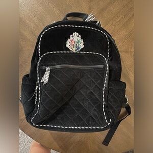Harry Potter hogwarts velvet Vera Bradley backpack. Black. Hogwarts logo.